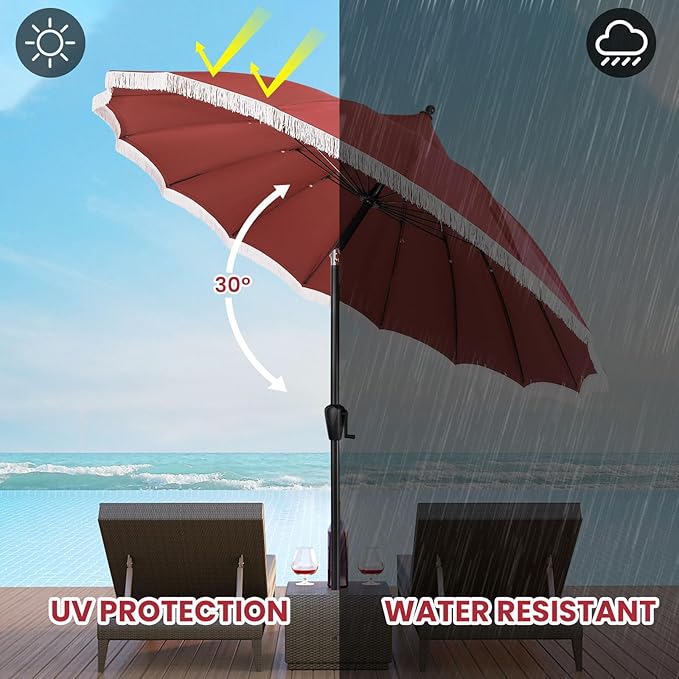 9' Patio Umbrella with Burgundy Canopy and White Fringe Accents, Black Frame Market Umbrella for Patio, Deck, and Backyard by Sun-Ray