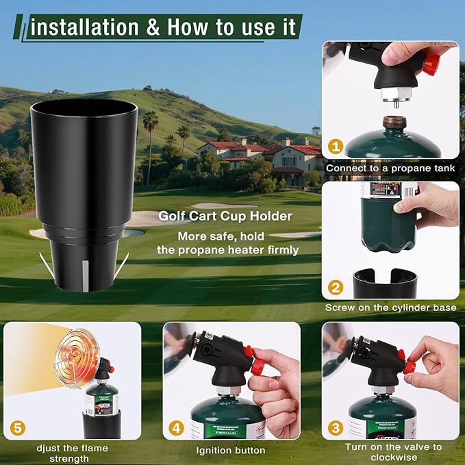 KOMAN Golf Cart Heater,Outdoor Propane Heater with Golf Cart Cup Holder,Self Ignition Safe Cordless Golf Cart Accessories for Most Golf Cart EZGO, Yamaha, Club Car(Fuel not inculded)