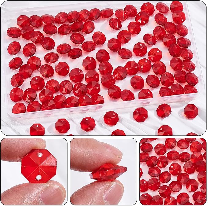 1 Box 120Pcs 14mm Crystal Glass Octagon Beads 2 Hole Crystal Prism Beads Red Glitter Chandelier Replacement Connector Suncatcher Faceted Spacers for DIY Lamp Hanging Ornament Pendant Adults