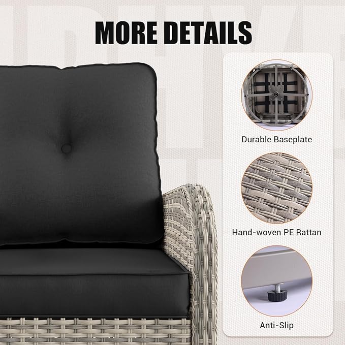15-Piece Outdoor Patio Furniture Set with Rocking Swivel Chair, Wicker Rattan Sectional Sofa Conversation Set with Tempered Glass Table with Ottomans, Backyard Furniture, Dark Grey