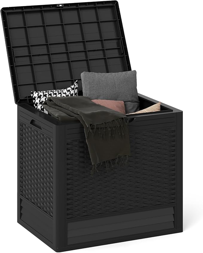 Tangkula 25 Gallon Outdoor Storage Box, Waterproof PP Resin Patio Storage Box with with Lockable Lid for Indoor & Outdoor Use, 2-in-1 Rattan Design Deck Box for Patio Cushions, Garden Tools