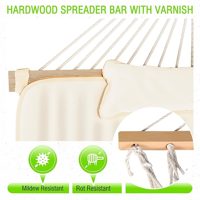 MUPATER 12FT Double Hammock with Stand Included, 2 Person Outdoor Quilted Hammock with Stand, Rope with Pad and Pillow, hamacas para adultos, White