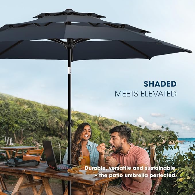 wikiwiki 10ft 3-Tier Patio Umbrella Outdoor Table Market Umbrella for Patio with Push Button Tilt/Crank, Fade Resistant Waterproof POLYESTER Canopy for Garden, Lawn, Deck, Backyard & Pool, Navy Blue