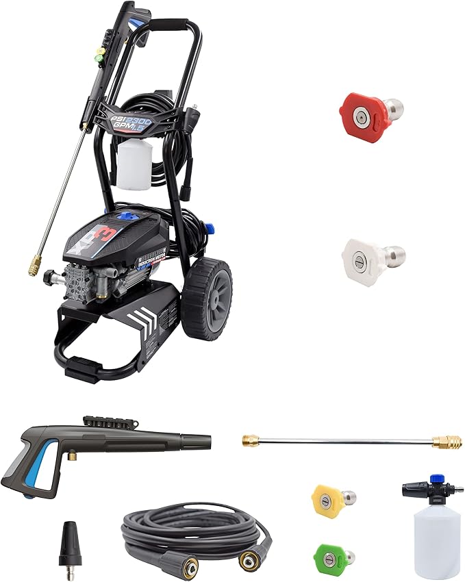 AR Blue Clean BMXP32300-BNDNZL, Includes BMXP32300 Electric Pressure Washer with Red & White 2300 PSI, 1.5 GPM, 0 & 40 Degree Spray Angle Nozzle, Trigger Gun, 25' Hose, 49 lbs, Black