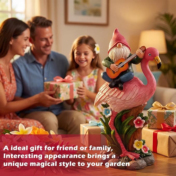 EXYGLO Solar Gnome Garden Statue Decor, 10" Gnome Riding Flamingo Outdoor Funny Decoration for Lawn, Patio, Yard, and Unique Housewarming, Birthday Ornament Gift for Mother, Friend, Family
