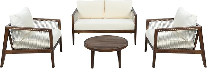Christopher Knight Home Lalulu 4-Seater Patio Furniture Set with Cushion, 4 Piece Outdoor Acacia Wood Conversation Set, Sold Wood Outdoor Sectional Sofa Set with Coffee Table, Dark Brown+Beige