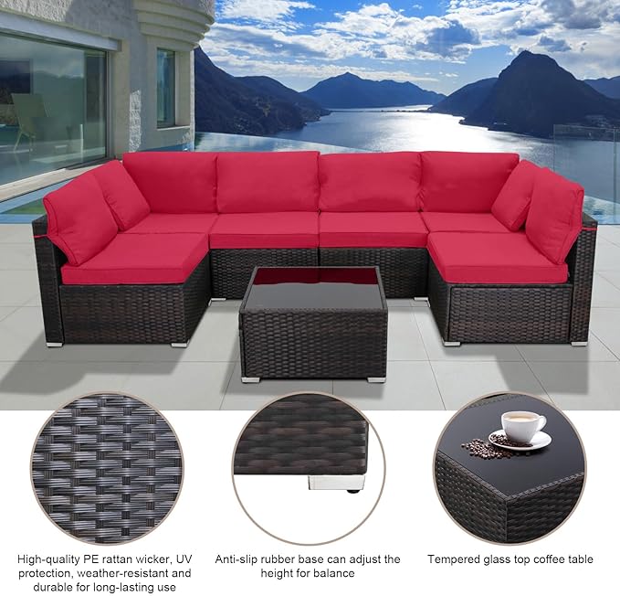 7 Pieces Outdoor Patio Furniture Sets,Rattan Conversation Sectional Set,Manual Weaving Wicker Patio Sofa with Tea Table
