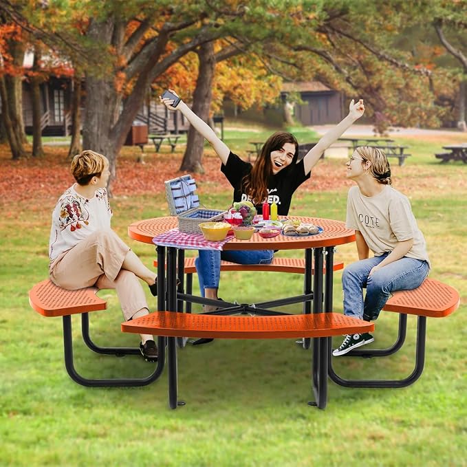 Coated Steel Heavy Duty Picnic Table for Outdoors 3200 lbs Load, Round Camping Table with Umbrella Hole up to 1.78", Commercial Picnic Table with Benches, Orange