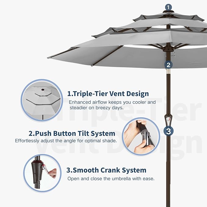 10FT Patio Umbrella 3 Tiers Outdoor Market Umbrella w/Push Button Tilt, Crank, UV and Waterproof Table Umbrella for Garden, Pool, Backyard, Deck, Lawn, Light Gray