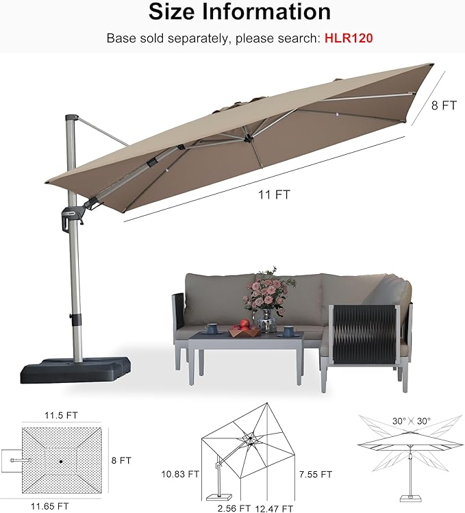 PURPLE LEAF 11.5' X 8' Left-right Tilting Patio Umbrella Outdoor Swivel Cantilever Umbrella Aluminum Offset Umbrella with Champagne Frame and 360-degree Rotation for Garden Deck Pool, Taupe