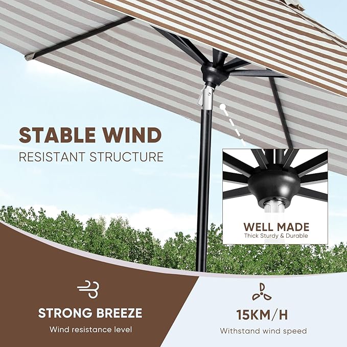 Tempera Patio Market Outdoor Table Umbrella with Auto Tilt and Crank, Large Sun Umbrella with Sturdy Pole & Fade Resistant Canopy, Easy to Set