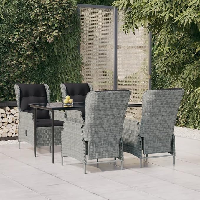 5 Piece Patio Dining Set Light Gray Poly Rattan with Tempered Glass Table, Reclining Chairs and Cushions, Outdoor Garden Conversation Set for Backyard Deck Lawn Porch, Weather Resistant Furniture