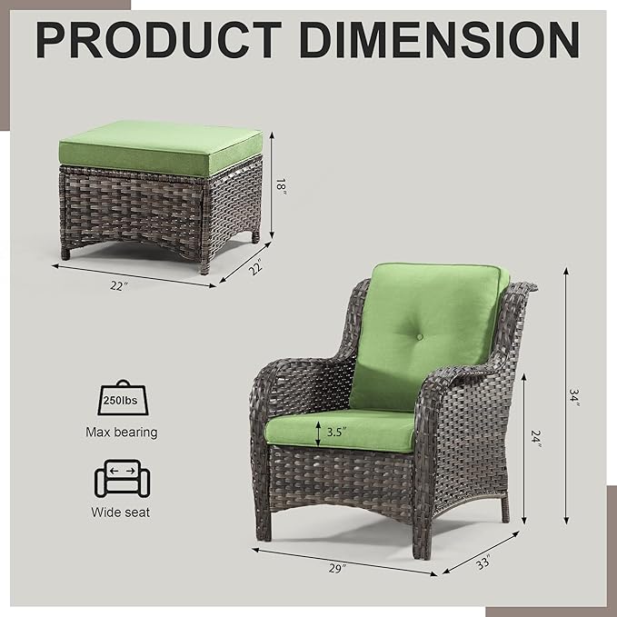 4 Pieces Outdoor Patio Furniture Set Wicker Chairs Set of 2 with Two Ottomans for Backyard, Porch, Balcony(Mixed Grey/Green)