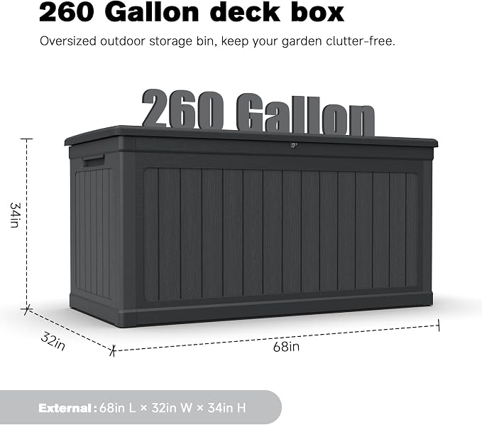 260 Gallon Deck Box, Large Outdoor Resin Storage Box, Waterproof&UV-Resistant storage box, for Patio Furniture, Garden & Pool Tools, Patio Cushion, Black
