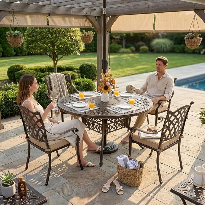 5-Pcs Cast Aluminum Patio Dining Set for 4, 54" Round Table,Bronze | Outdoor Furniture Set Include Dining Table and 4 Stackable Chairs with Cushions & Umbrella Hole