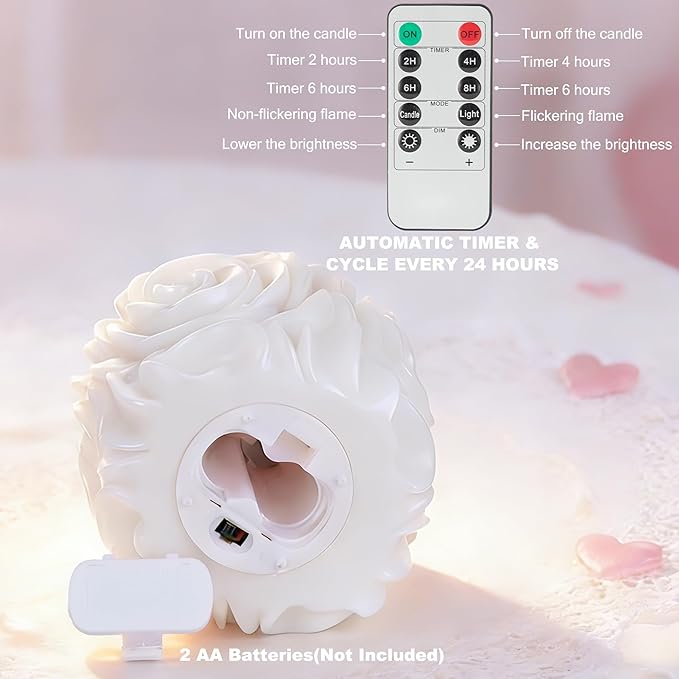 Valentine Day Rose Flameless Candles with Remote and Timer, 2 Pack Flickering LED Candles for Proposal Wedding Anniversary Romantic Night, White