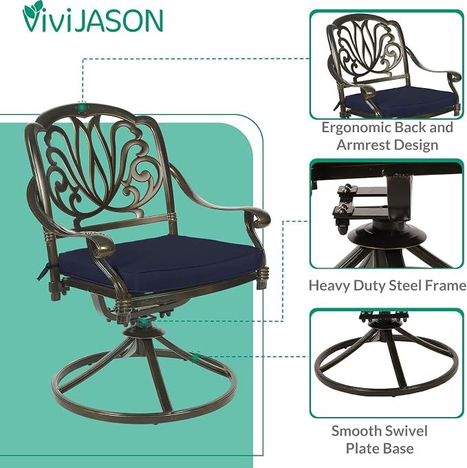 VIVIJASON 9-Piece Outdoor Furniture Dining Set, Cast Aluminum Patio Table and Chairs Set with 6 Stationary Chairs, 2 Swivel Rocker Chairs, 64" Large Square Dining Table, Umbrella Hole, Navy Blue