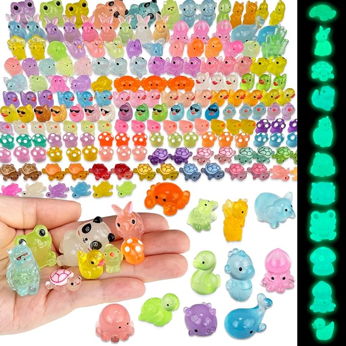 Piemow 160 Pcs Mini Resin Animals Kit, Luminous Landscape Figurines Decor | Tiny Resin Animals Gifts for Aquarium Fairy Garden Bonsai