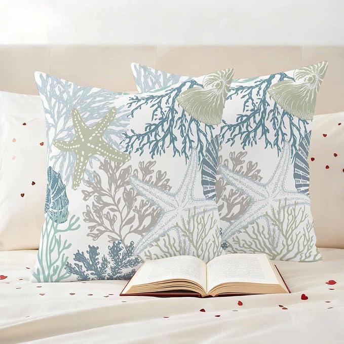 Blue Coral Coastal Waterproof Outdoor Pillow Covers 18''x18'' Set of 2, Starfish Conch Patio Furniture Summer Cushion Covers for Chairs, Decorative Beach Ocean Pillow Cases for Garden/Pool/Beach