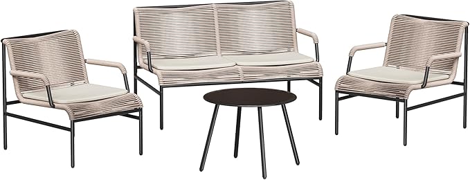 East Oak 4 Piece Patio Furniture Set, Outdoor Furniture with PE Wicker Rattan Chairs and Coffee Table, Modern Patio Conversation Set with Soft Pad for Garden, Backyard and Porch, Apricot