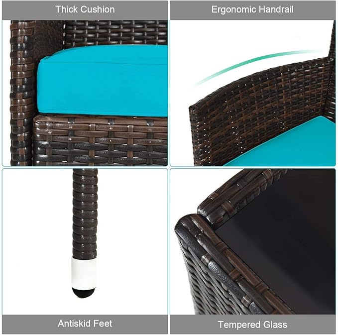LUARANE 4-Piece Rattan Patio Furniture Set, Outdoor Wicker Sofa Couch Table Set, w/ Thick Seat Cushions Tempered Glass Coffee Table, Conversation Set for Lawn Garden Poolside Backyard (Turquoise)