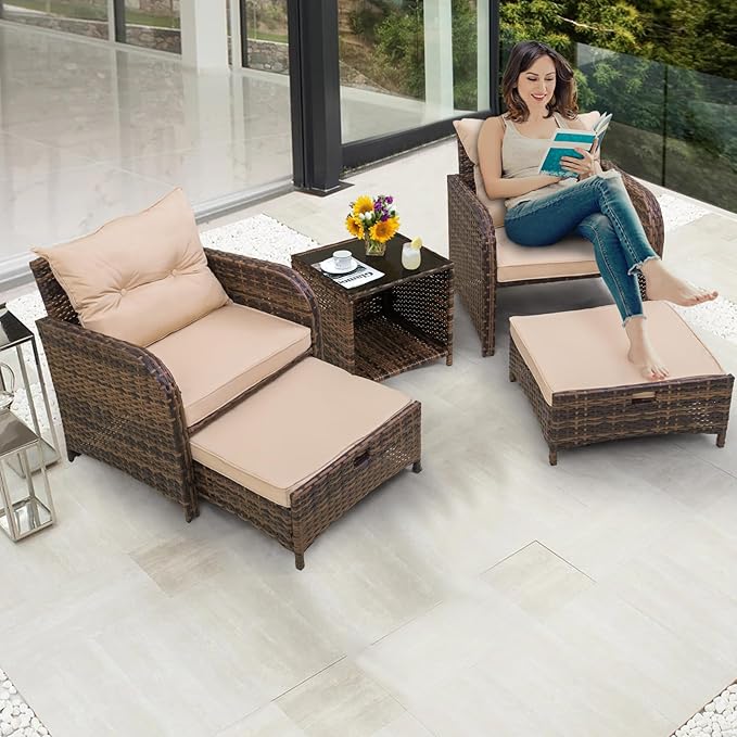 5 Pieces Outdoor Patio Chairs with Ottomans, PE Wicker Rattan Outdoor Furniture w/Footstool Sets, Front Porch Furniture Set, Wicker Patio Conversation Sets for Garden Lawn Balcony(Beige)
