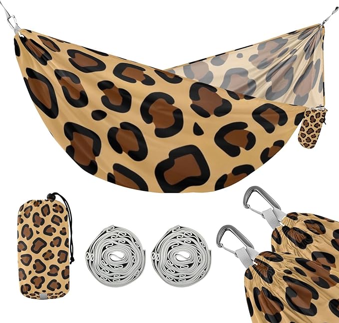 Leopard Print Outdoor Hammocks with Tree Straps Fabric Hammock for Camping & Hiking Essential