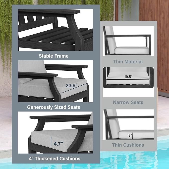 HDPE Patio Conversation Set, 6-Piece All Weather Outdoor Furniture Set with 1 Single Rocking Armchairs for Deck, Lawn, with Cushion, Black