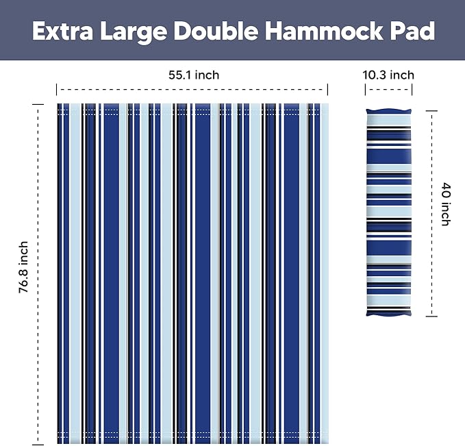 SUNCREAT Portable Hammock Pad with Soft Pillow, Two-Layer Soft Polyester Pad, Blue Stripes