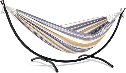 SUNCREAT 2 Person Hammock with Stand, Heavy Duty Free Standing Hammock with Stand Included, Coffee Stripes