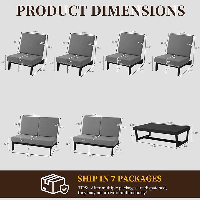 UIXE 7 Pieces All Weather Black Wood Patio Furniture Sets, 2 Patio Loveseat, 4 Patio Bistro Chair, Outdoor Sectional Sofa Furniture Backyard Conversation Set with Coffee Table - Gray