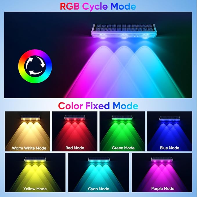 YiLaie Solar Fence Lights Outdoor - Warm White & RGB 6 Color, Solar Lights Outdoor IP67 Waterproof, Garden Lights for Outside/Backyard/Railing/Step/Patio/Wall (8 Pack)