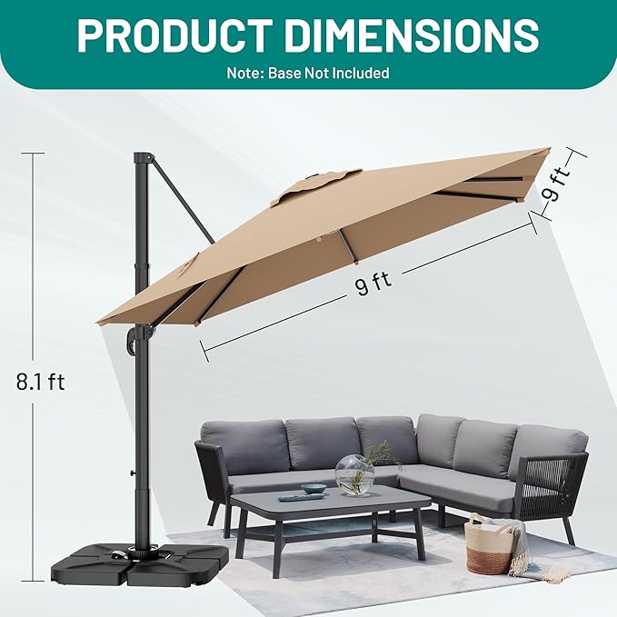 AreShark 9 × 9FT Square Cantilever Patio Umbrella with Base Included, 360° Rotation Offset Outdoor Umbrella, 5 Tilt Settings Heavy Duty Hanging Parasol for Deck Garden Pool, Beige