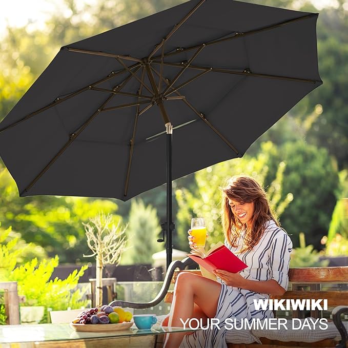 wikiwiki 10ft 3-Tier Patio Umbrella Outdoor Table Market Umbrella for Patio with Push Button Tilt/Crank, Fade Resistant Waterproof POLYESTER Canopy for Garden, Lawn, Deck, Backyard & Pool, Dark Gray