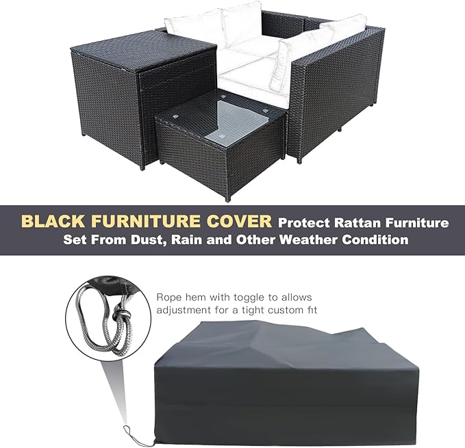 Tangkula 5-Piece Patio Furniture Set with 42 Inches Propane Fire Pit Table, Outdoor Wicker Conversation Set with Cushions, Storage Box and Coffee Table, 60,000 BTU Propane Fire Pit Table (Navy)