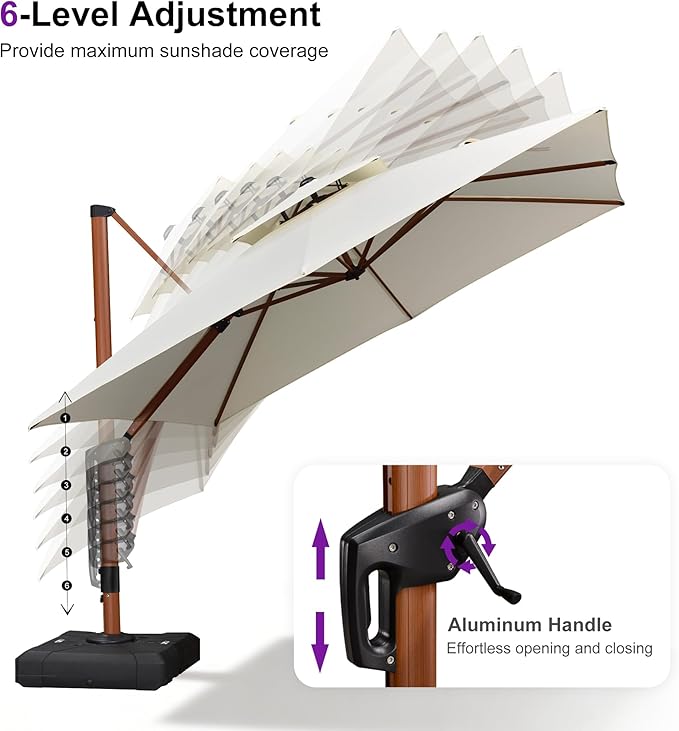 PURPLE LEAF 9' X 12' Double Top Deluxe Wood Pattern Rectangle Patio Umbrella with Base Offset Hanging Umbrella Outdoor Market Umbrella Garden Umbrella, Cream