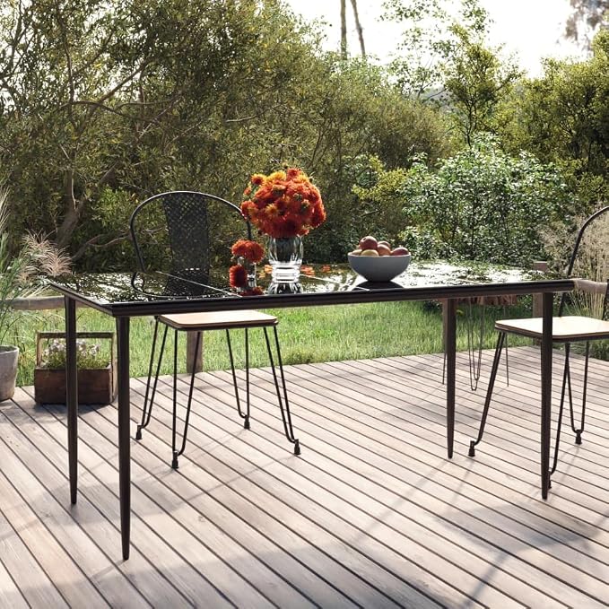 Large Outdoor Dining Table 63 x 31.5 Inches with Tempered Glass Top and Black Powder Coated Steel Frame, Rectangular Patio Table for Six