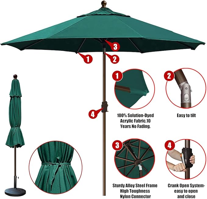 EliteShade USA 10-Year-Non-Fading 10Ft Market Patio Umbrella, UPF 50+ UV Protection Performance Sun Umbrella, Heavy Duty Commercial Grade Outdoor Table Umbrella with Crank & Tilt, Windproof Vented Top for Garden, Pool, Deck and Outdoor Playsets, Forest...
