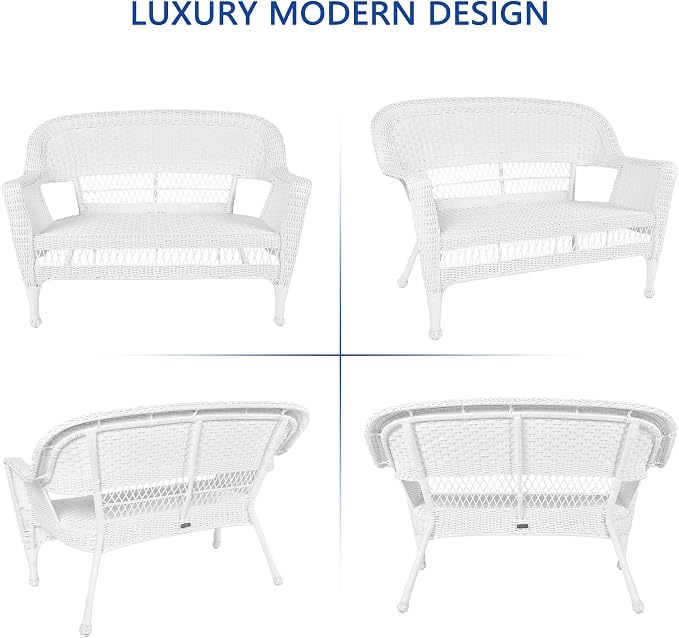 Jeco Wicker Patio Love Seat and Coffee Table Set without Cushion, White