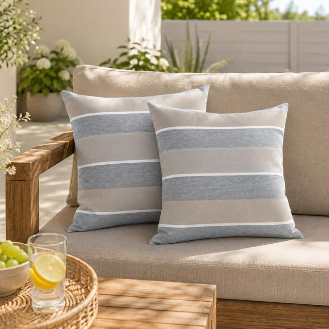 FUNHOME Outdoor Throw Pillows Water Resistant 18x18 inch,Decorative Throw Pillow with Insert Set of 2,Hidden Zipper Headrests for Patio Furniture Sofa Couch Chair(Gray Stripe)