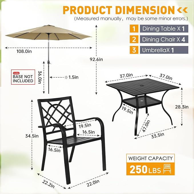 SUNCROWN 6-Piece Outdoor Wrought Iron Chairs and Table Patio Dining Furniture Set - 4 Stackable Metal Chairs, 1 Steel Slat Bistro Table and 1 Brown 9Ft Patio Umbrella for Garden Backyard Deck