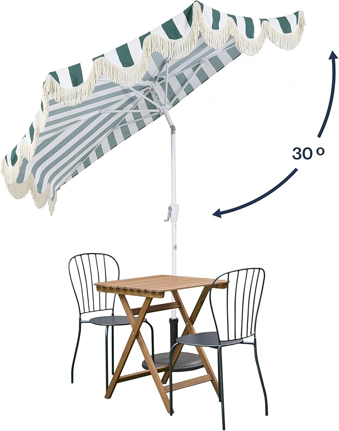 JONATHAN Y Beverly 9 ft. Coastal Green and White Striped Half Patio Umbrella with Scalloped Fringe, Crank Lift, and Manual Tilt for Balcony, White Pole UMB1201L