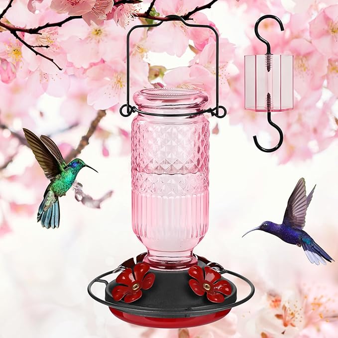 FEED GARDEN Glass Hummingbird Feeder for Outdoors Hanging, 16 OZ Humming Bird Feeders with 4 Bee Guard Feeding Ports & Built-in Ant Moat, Hummingbird Gifts for Mom Bird Feeder for Outside, Pink,2 Pack