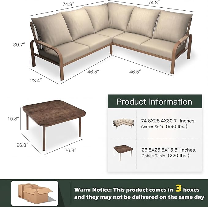 4-Piece Aluminum Outdoor Furniture Set with Coffee Table – 2-Seat Sofa with Cushions, All-Weather Metal Frame, Perfect for Patio, Garden, and Balcony,Beige (Beige, Corner Sofa Set)