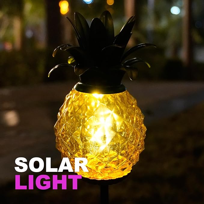 Solar Pineapple Lights Outdoor Glass Pineapple Stakes Lights, Waterproof Garden Lantern Decor Pineapple Gifts for Women 2 Packs, Yellow