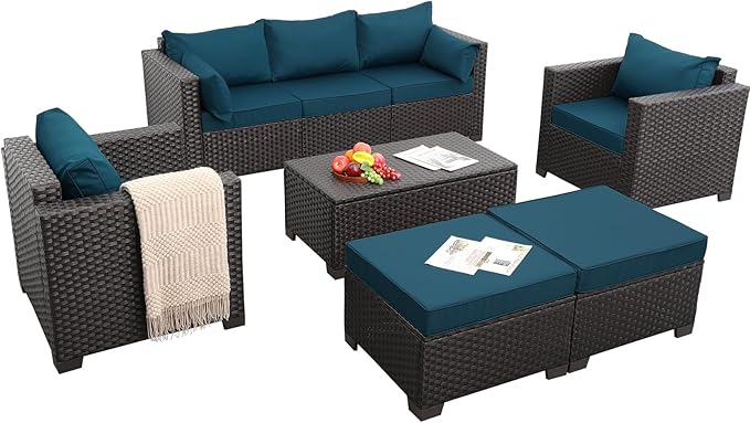 Patio Outdoor Furniture Conversation Sets 6 Pieces Wicker Sofa Set with Outdoor Couch Patio Chairs and Storage Table Non-Slip Cushions Waterproof Covers, Peacock Blue