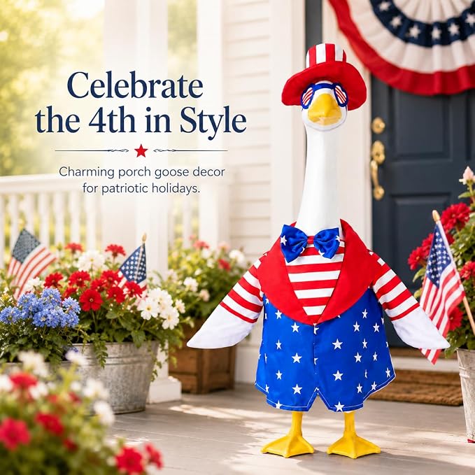 4th of July Porch Goose Outfits for 23 Inch Goose Statue, Patriotic Uncle Sam Goose Costume with Hat Glasses and Bow Tie, Red White Blue Goose Clothes for Independence Day Garden Patio Decor