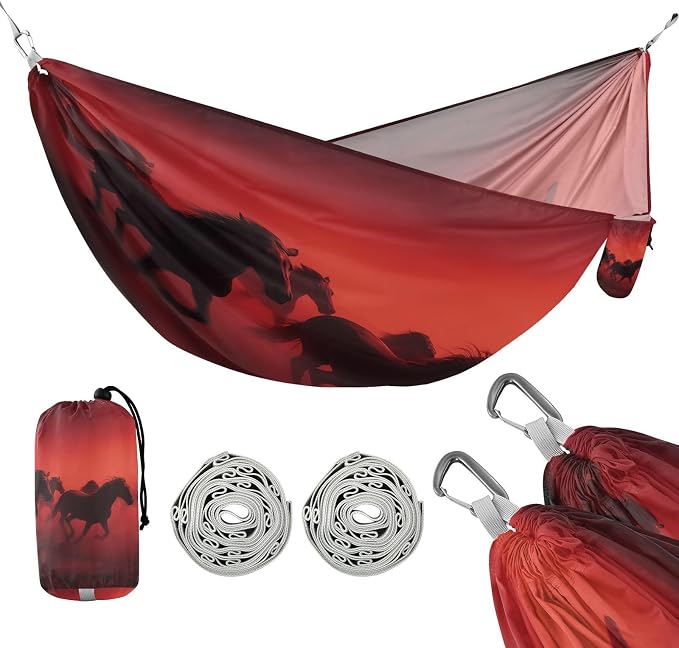 Wild Horses Camping Hammock, Portable Lightweight Single Hammock with Tree Straps and Aluminum Carabiners, 114" x 54" Travel Hammock for Hiking Backpacking Beach