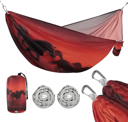 Wild Horses Camping Hammock, Portable Lightweight Single Hammock with Tree Straps and Aluminum Carabiners, 114" x 54" Travel Hammock for Hiking Backpacking Beach
