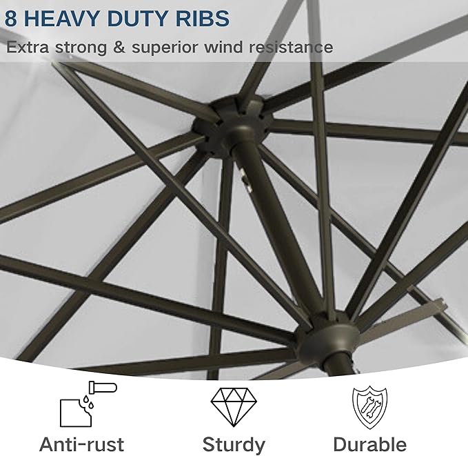 9' Solar LED Patio Umbrella with Tilt & Crank|8 Sturdy Ribs,UV Protection,Outdoor Market Table Umbrella for Deck,Lawn,Pool,Backyard(Light Gray)